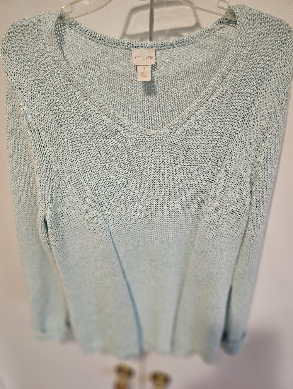 Chico's Samantha Shine Sequin V-Neck Sweater Frozen Aqua XL (3)